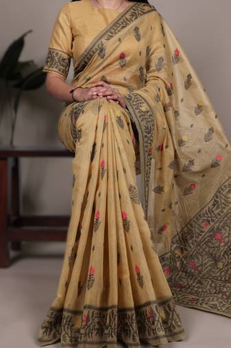 yellow poly cotton saree with elegant thread weaving work