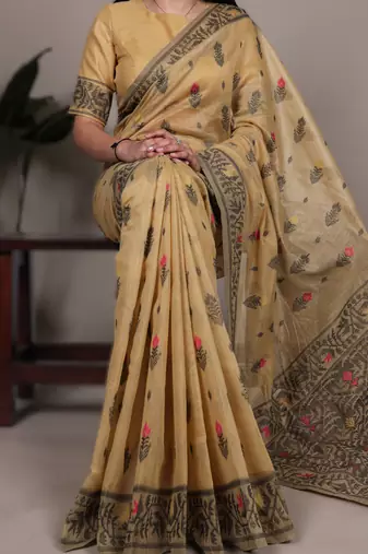  yellow poly cotton saree with elegant thread weaving work