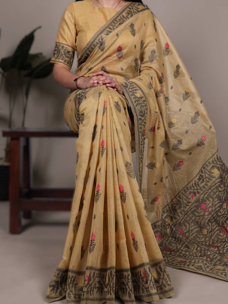 yellow poly cotton saree with elegant thread weaving work