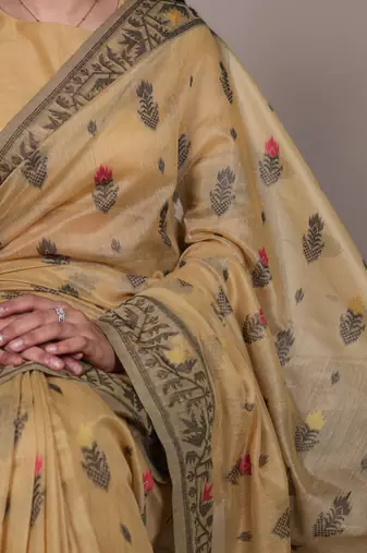  yellow poly cotton saree with elegant thread weaving work