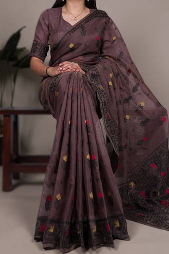 onion poly cotton saree with elegant thread weaving work