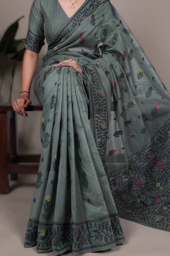 sea green poly cotton saree with elegant thread weaving work