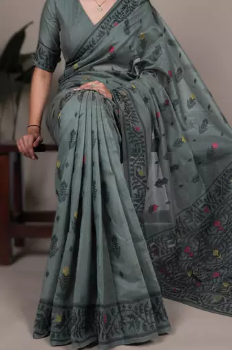 sea green poly cotton saree with elegant thread weaving work