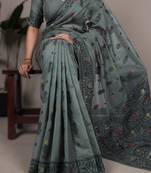 sea green poly cotton saree with elegant thread weaving work