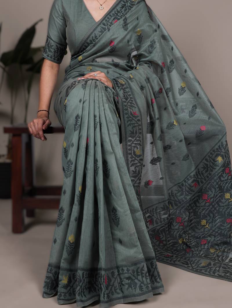 sea green poly cotton saree with elegant thread weaving work