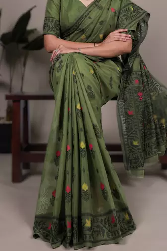 mehendi poly cotton saree with elegant thread weaving work