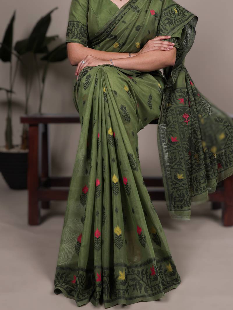 mehendi poly cotton saree with elegant thread weaving work