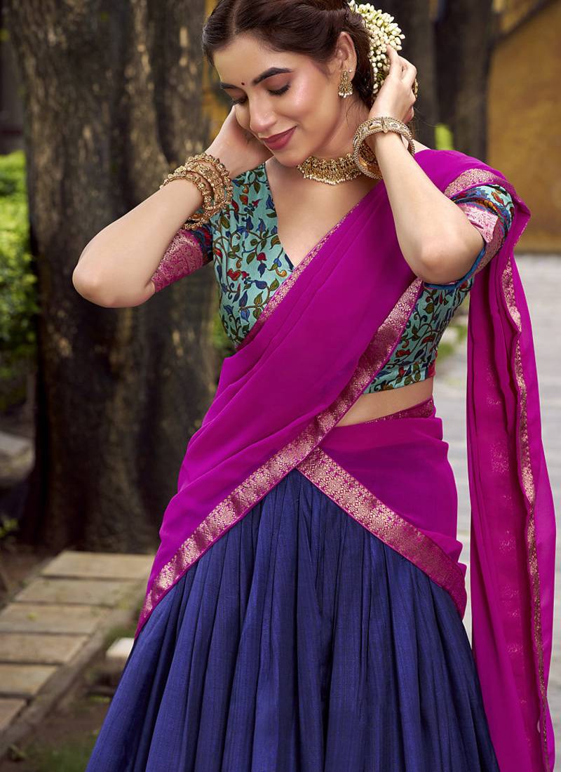 Navy Blue Silk Zari Chaniya Choli