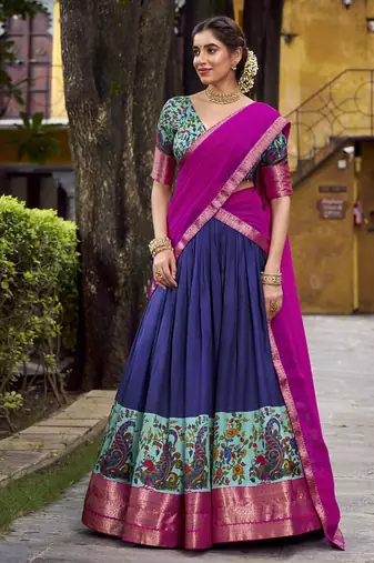 Navy Blue Silk Zari Chaniya Choli