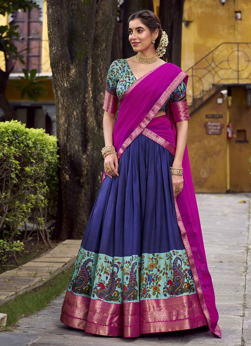 Navy Blue Silk Zari Chaniya Choli