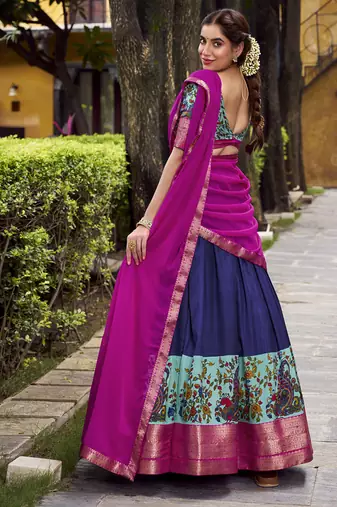 Navy Blue Silk Zari Chaniya Choli
