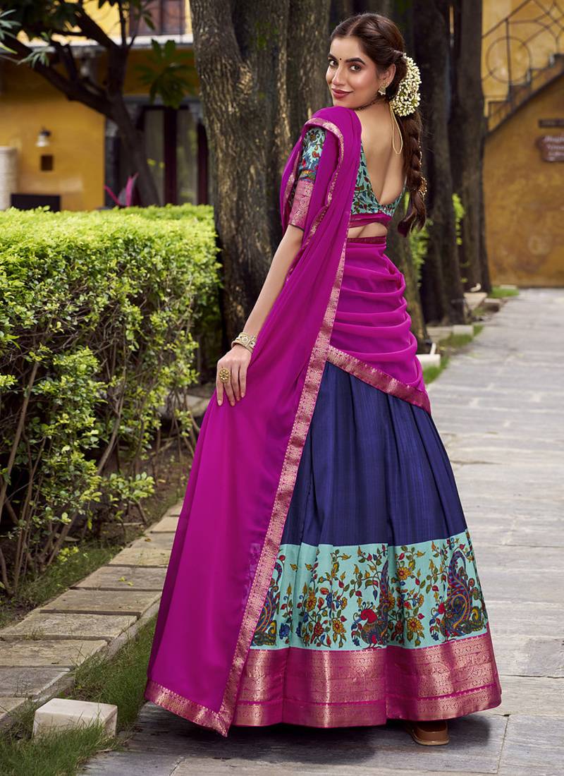 Navy Blue Silk Zari Chaniya Choli