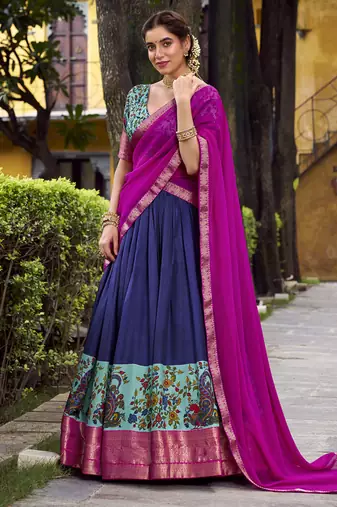 Navy Blue Silk Zari Chaniya Choli