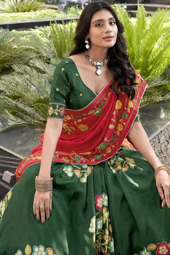 Green Silk Printed Chaniya Choli