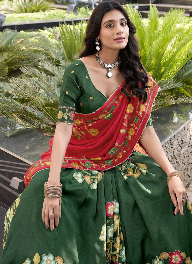 Green Silk Printed Chaniya Choli