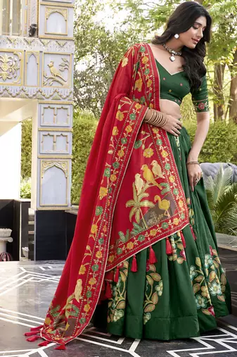 Green Silk Printed Chaniya Choli