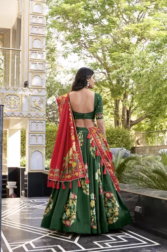Green Silk Printed Chaniya Choli