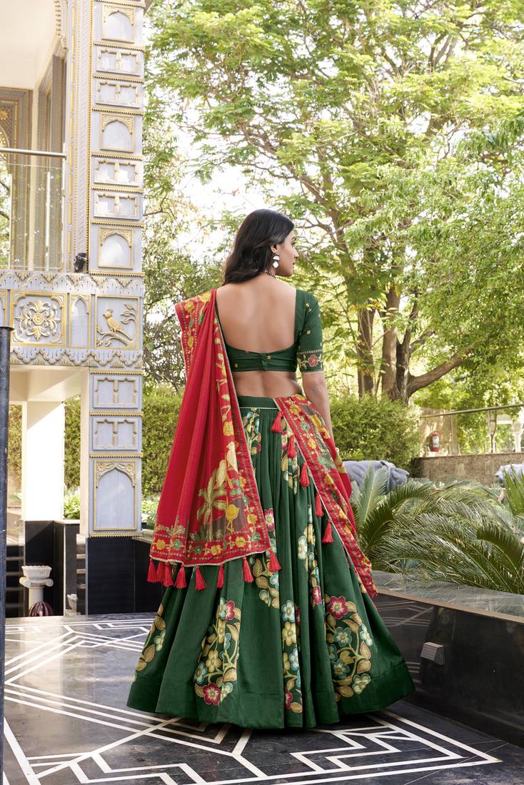 Green Silk Printed Chaniya Choli