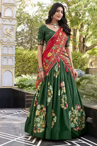 Green Silk Printed Chaniya Choli