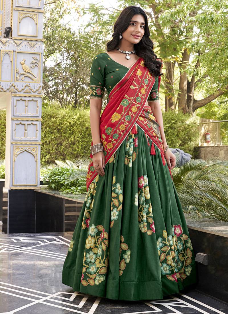 Green Silk Printed Chaniya Choli