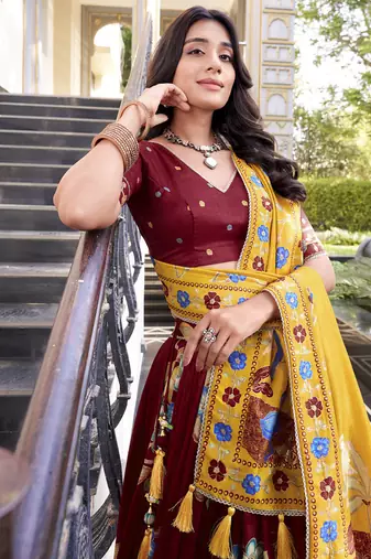 Maroon silk printed chaniya choli