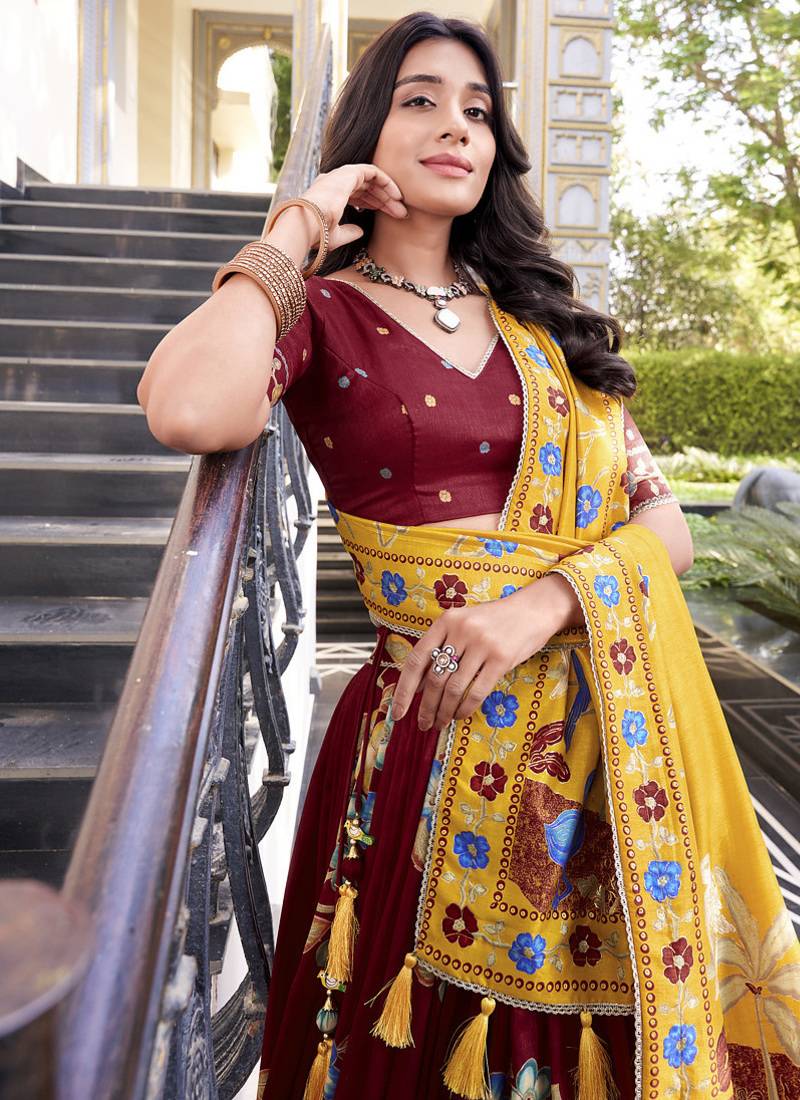 Maroon silk printed chaniya choli