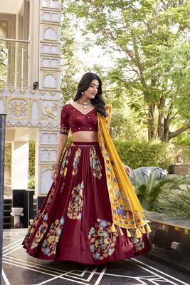 Maroon silk printed chaniya choli 4