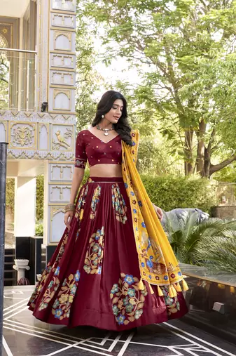 Maroon silk printed chaniya choli