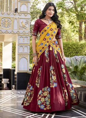 Maroon silk printed chaniya choli 1