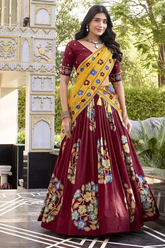 Maroon silk printed chaniya choli