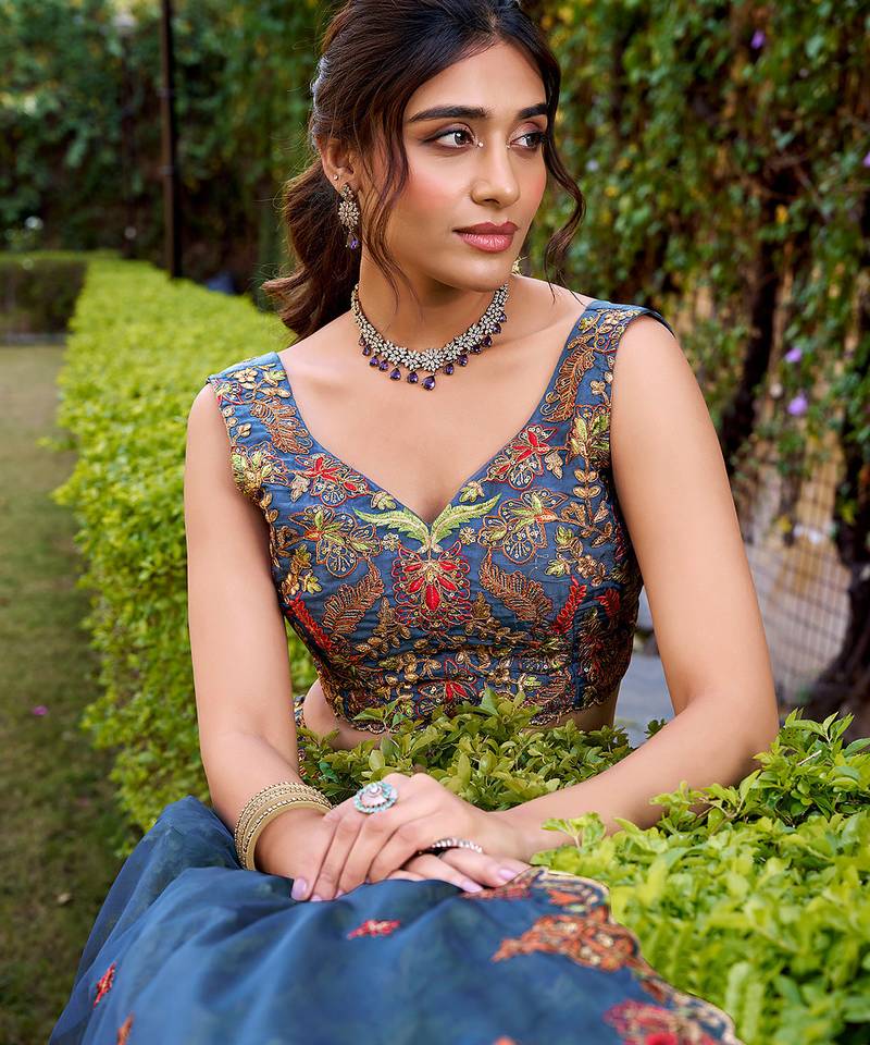 Teal silk Sequin embroidered chaniya choli