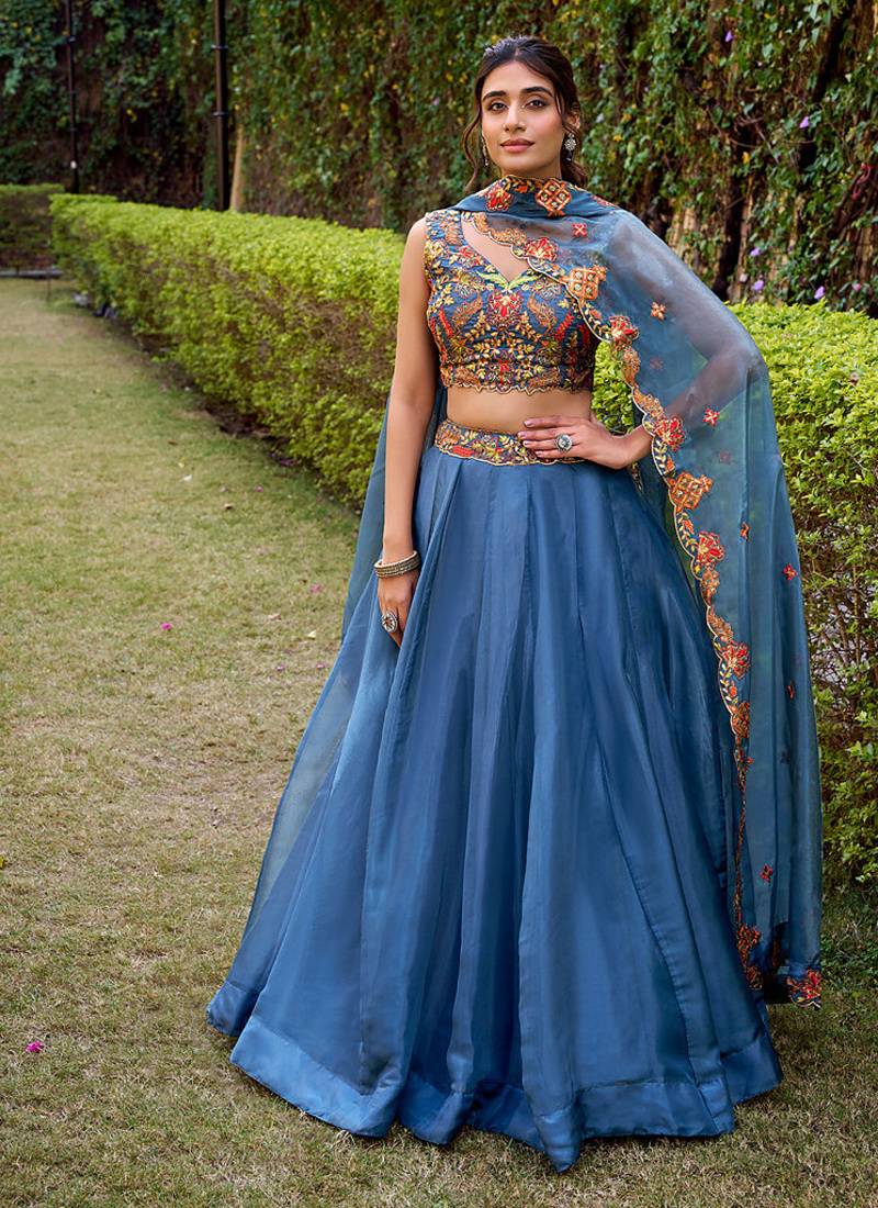 Teal silk Sequin embroidered chaniya choli