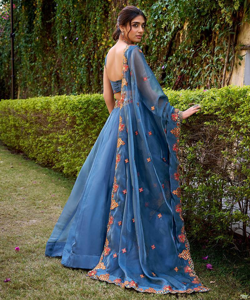 Teal silk Sequin embroidered chaniya choli