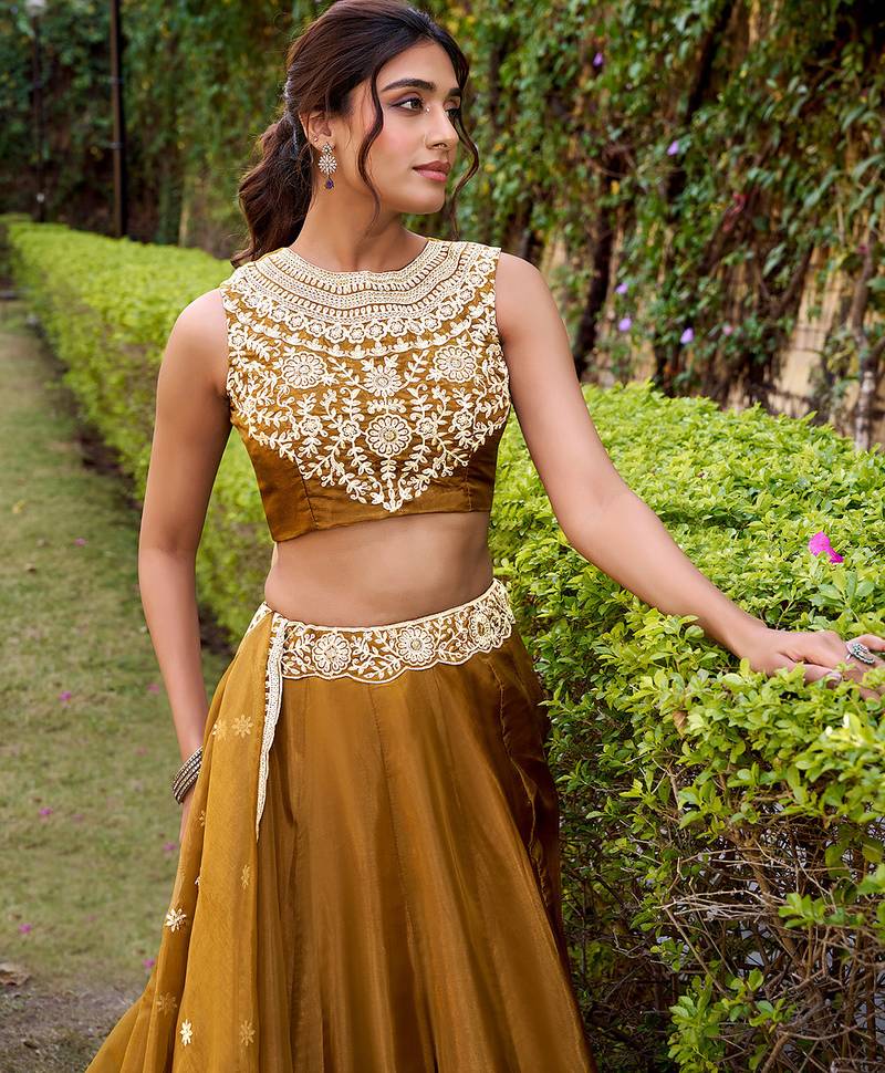Golden color silk sequin embroidered chaniya choli