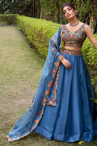 Teal silk Sequin embroidered chaniya choli