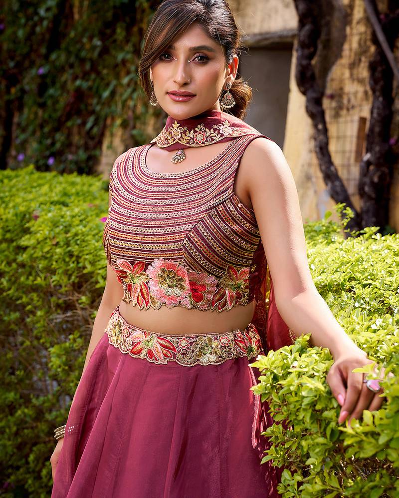 Salmon silk sequin embroidered chaniya choli