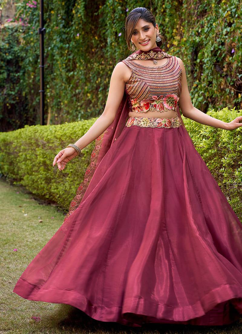 Salmon silk sequin embroidered chaniya choli
