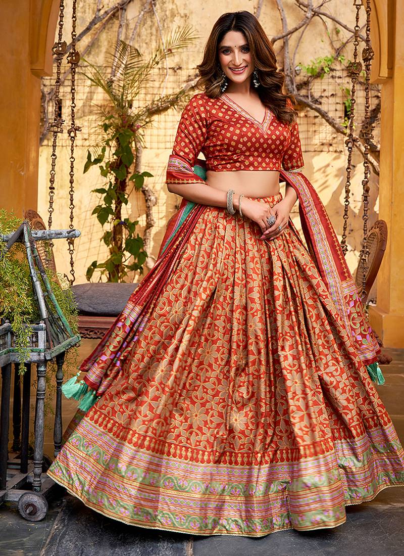 Orange silk sequin embroidered chaniya choli