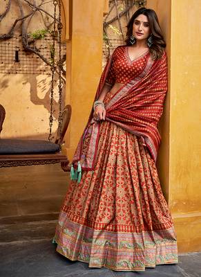 Orange silk sequin embroidered chaniya choli 1