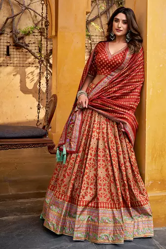 Orange silk sequin embroidered chaniya choli