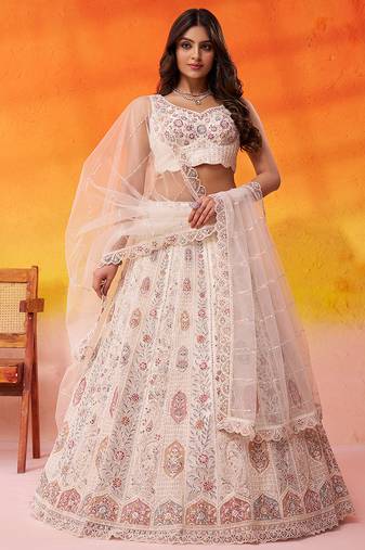 Cream Net Sequins embroidery Lehenga Choli With Dupatta