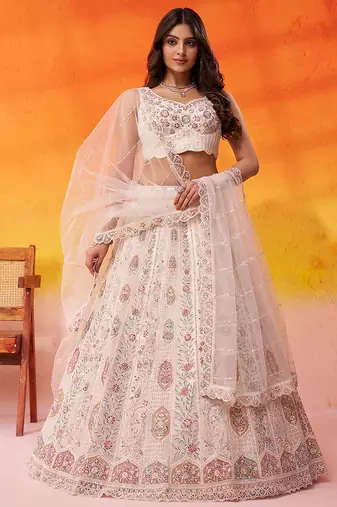 Cream Net Sequins embroidery Lehenga Choli With Dupatta