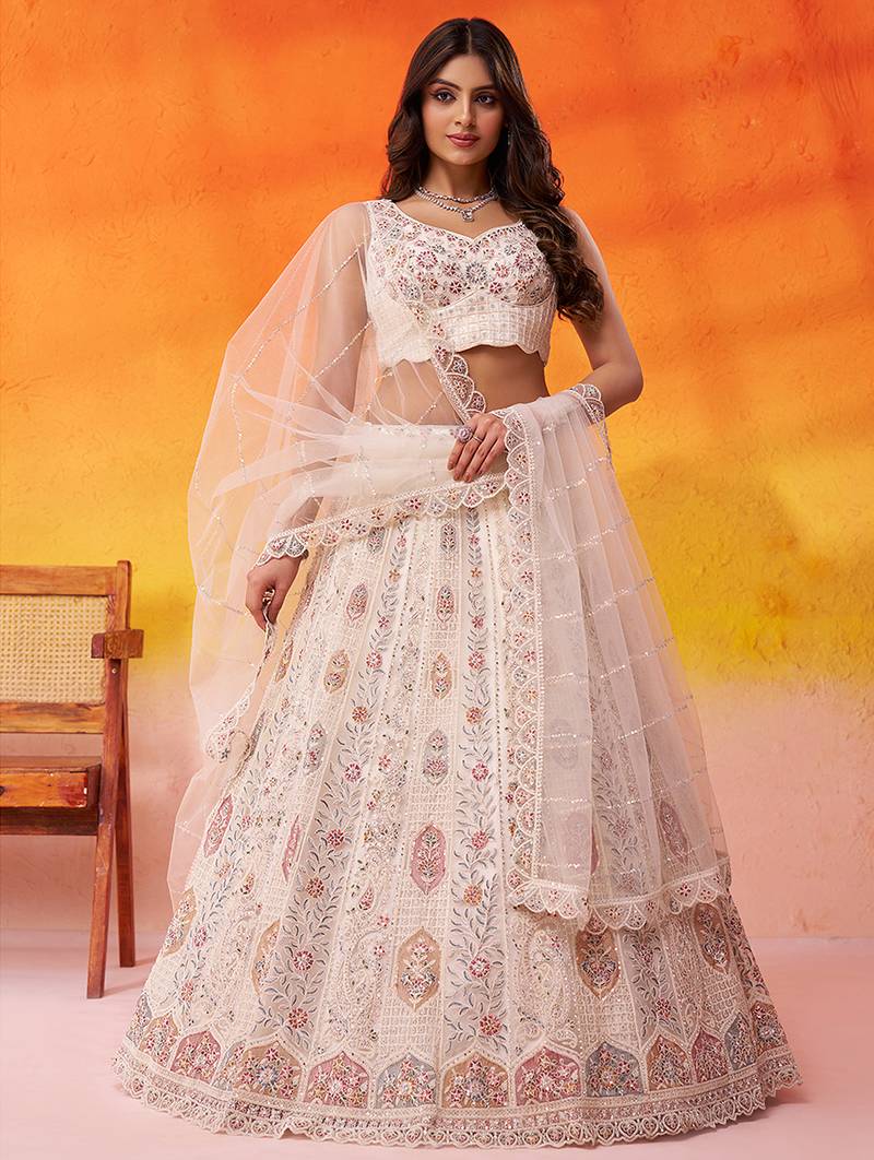 Cream Net Sequins embroidery Lehenga Choli With Dupatta