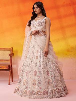 Cream Net Sequins embroidery Lehenga Choli With Dupatta 6