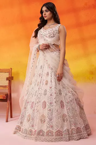 Cream Net Sequins embroidery Lehenga Choli With Dupatta