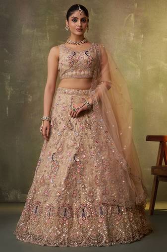 Beige Net Sequins embroidery Lehenga Choli With Dupatta