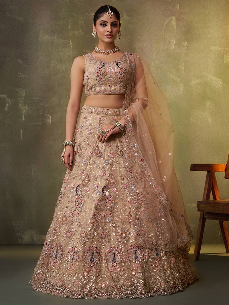 Beige Net Sequins embroidery Lehenga Choli With Dupatta