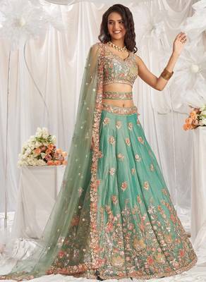 Pista Green Organza Zari Sequin Embroidery Work Lehenga Choli 1