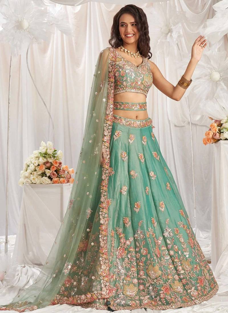 Pista Green Organza Zari Sequin Embroidery Work Lehenga Choli