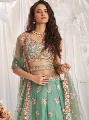 Pista Green Organza Zari Sequin Embroidery Work Lehenga Choli 2